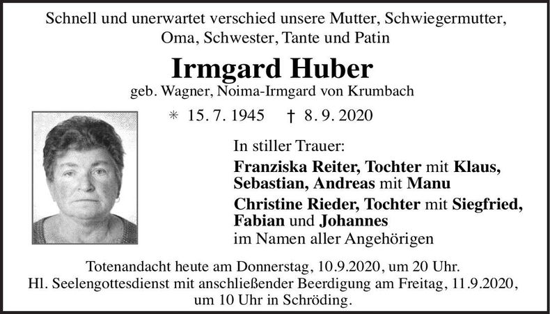 Traueranzeige Irmgard Huber