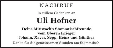 Traueranzeige Uli Hofner