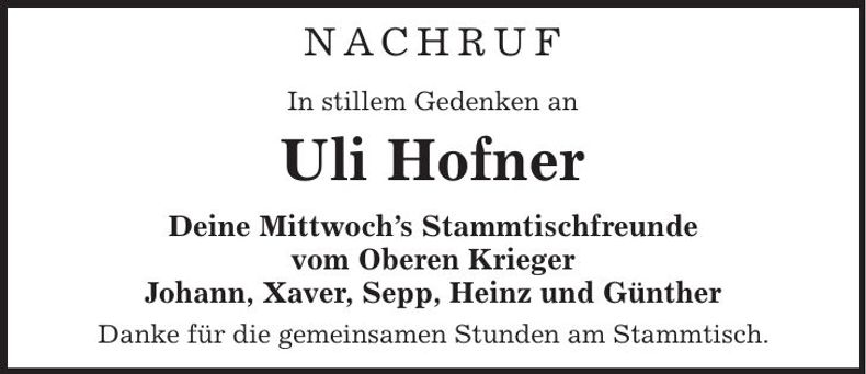 Traueranzeige Uli Hofner