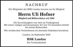 Traueranzeige Ulrich Hofner