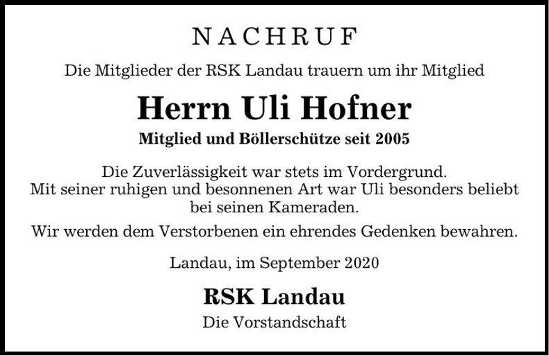 Traueranzeige Ulrich Hofner