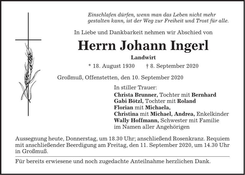 Traueranzeige Johann Ingerl