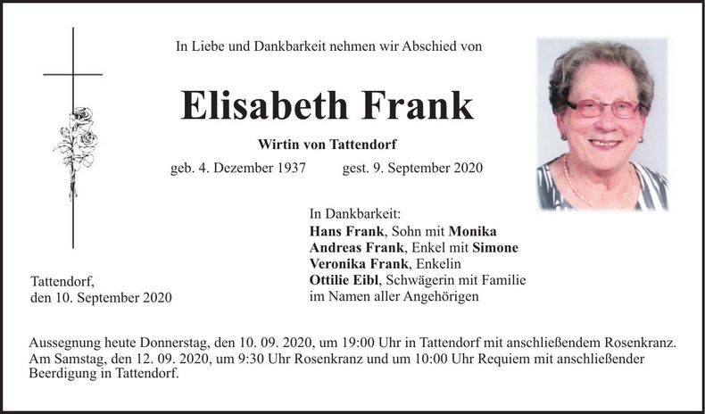 Traueranzeige Elisabeth Frank