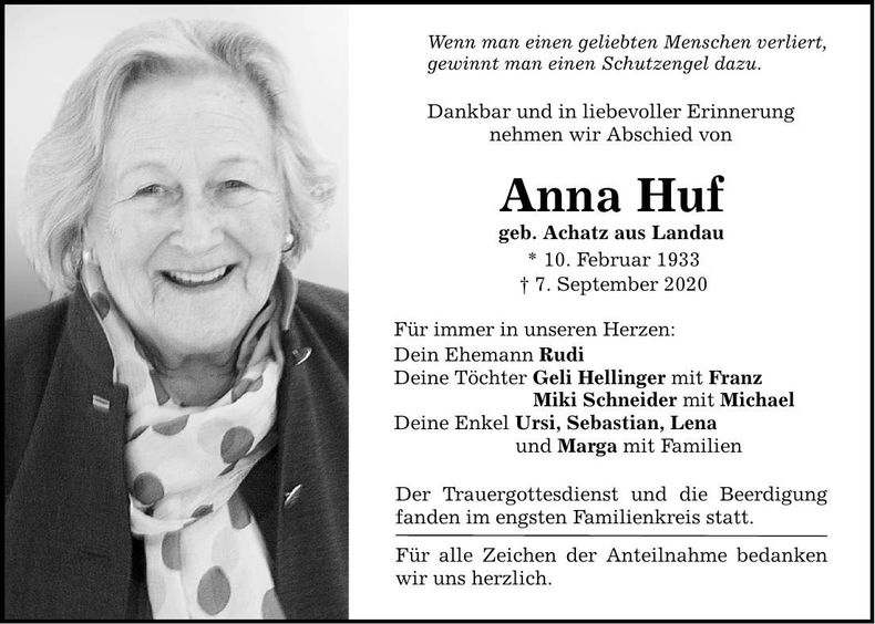 Traueranzeige Anna Huf