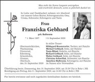 Traueranzeige Franziska Gebhard