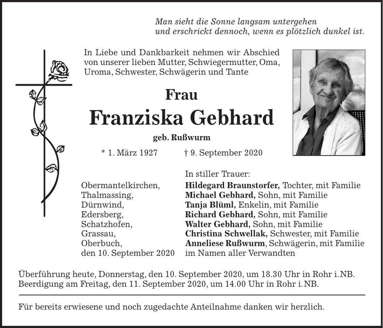 Traueranzeige Franziska Gebhard