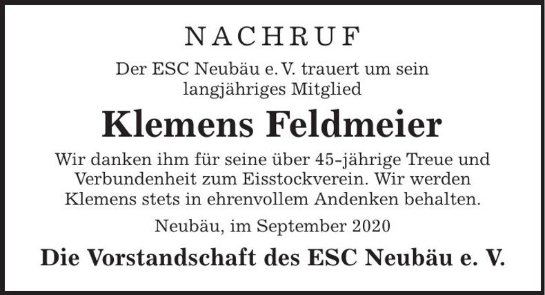 Traueranzeige Klemens Feldmeier