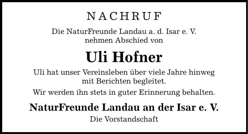 Traueranzeige Ulrich Hofner