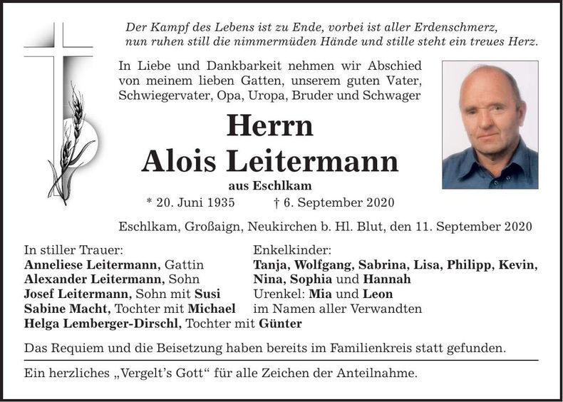 Traueranzeige Alois Leitermann