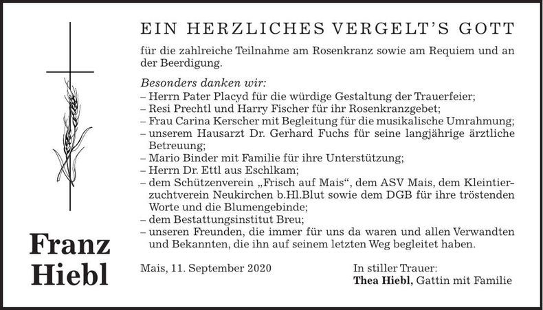 Traueranzeige Franz Hiebl