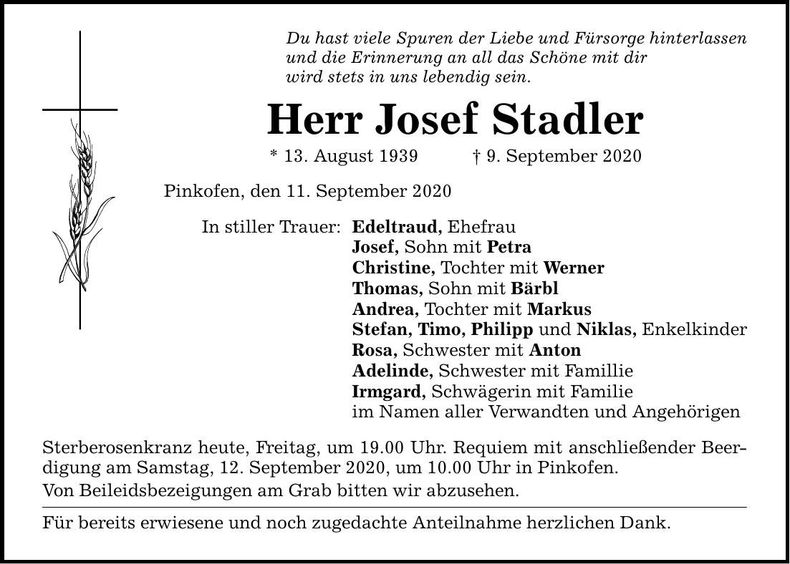 Traueranzeige Josef Stadler