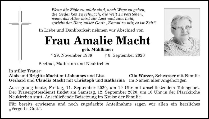 Traueranzeige Macht Amalie