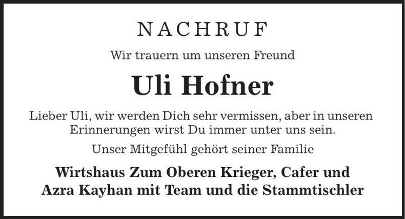 Traueranzeige Uli Hofner
