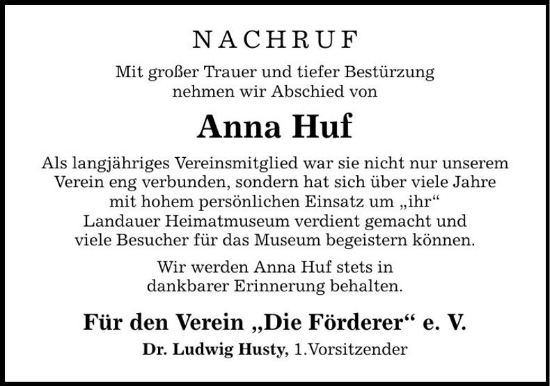 Traueranzeige Anna Huf