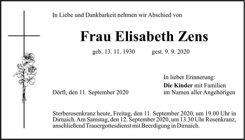 Traueranzeige Elisabeth Zens