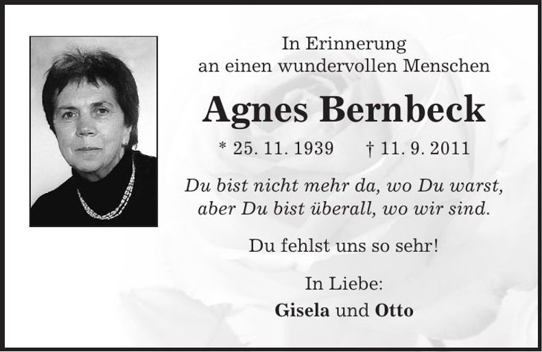 Traueranzeige Agnes Bernbeck