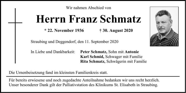 Traueranzeige Franz Schmatz