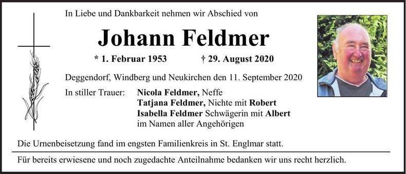 Traueranzeige Johann Feldmer