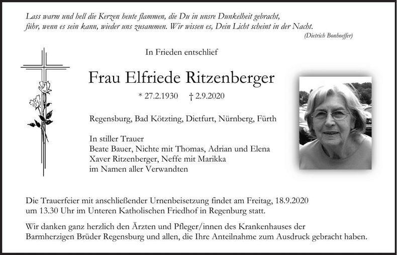 Traueranzeige Elfriede Ritzenberger