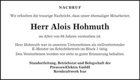 Traueranzeige Alois Hohmuth
