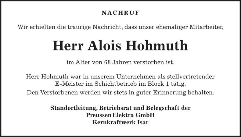 Traueranzeige Alois Hohmuth