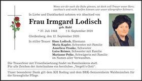 Traueranzeige Irmgard Lodisch