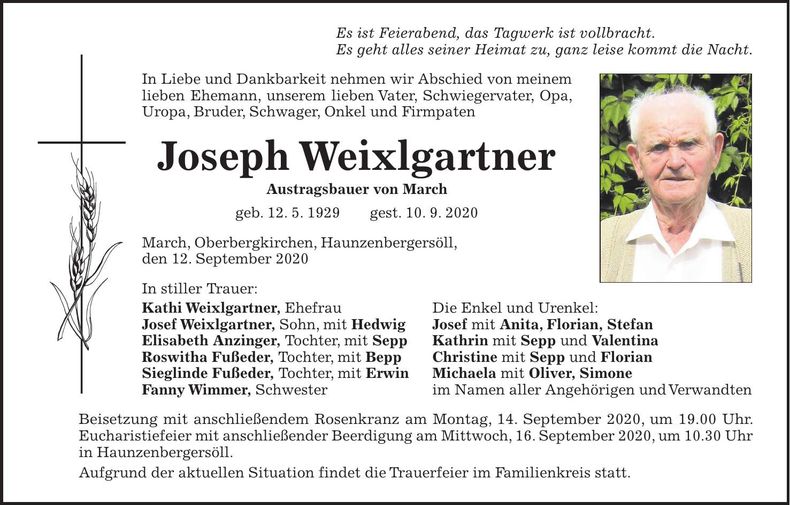 Traueranzeige Joseph Weixlgartner