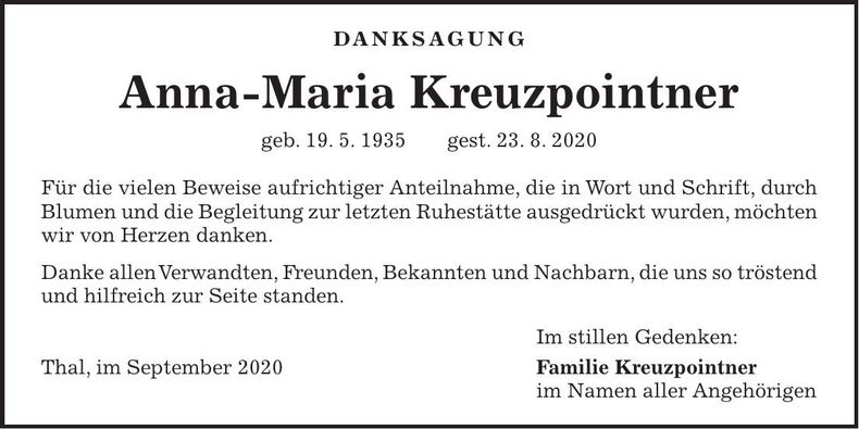 Traueranzeige Anna-Maria Kreuzpointner