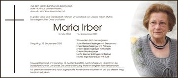 Traueranzeige Maria Irber