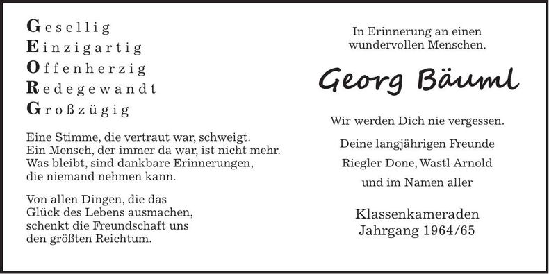 Traueranzeige Georg Bäuml