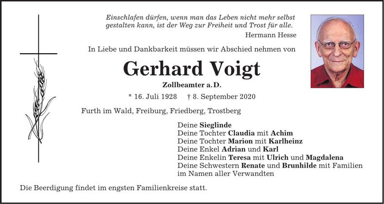Traueranzeige Gerhard Voigt