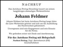 Traueranzeige Johann Feldmer