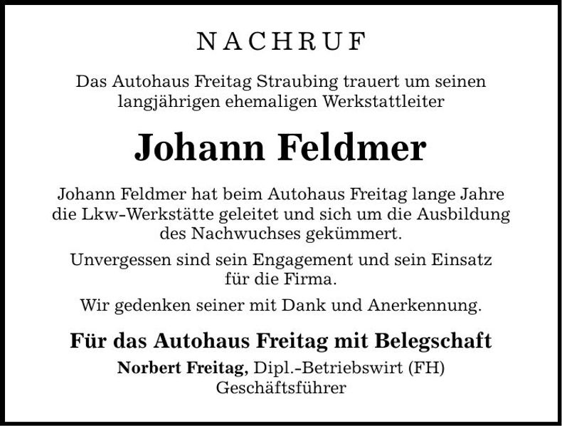 Traueranzeige Johann Feldmer