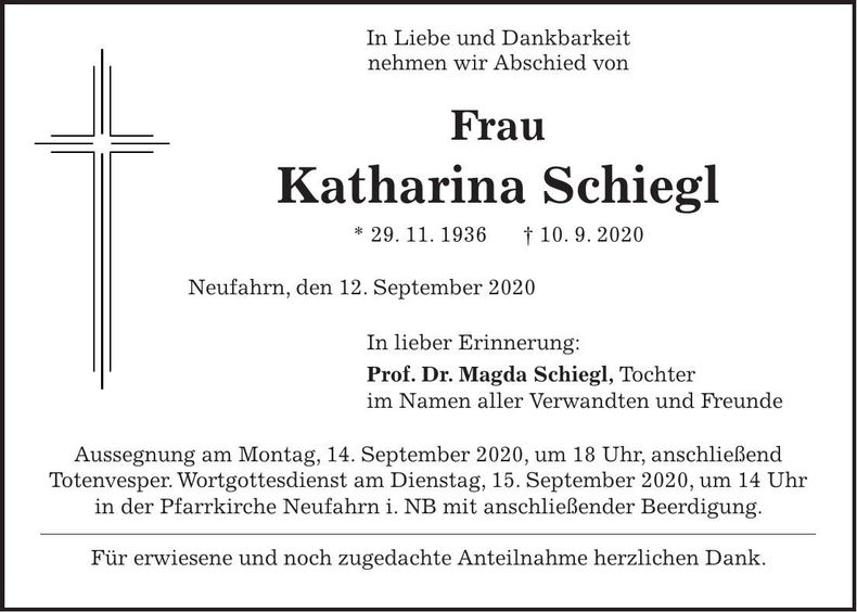 Traueranzeige Katharina Schiegl