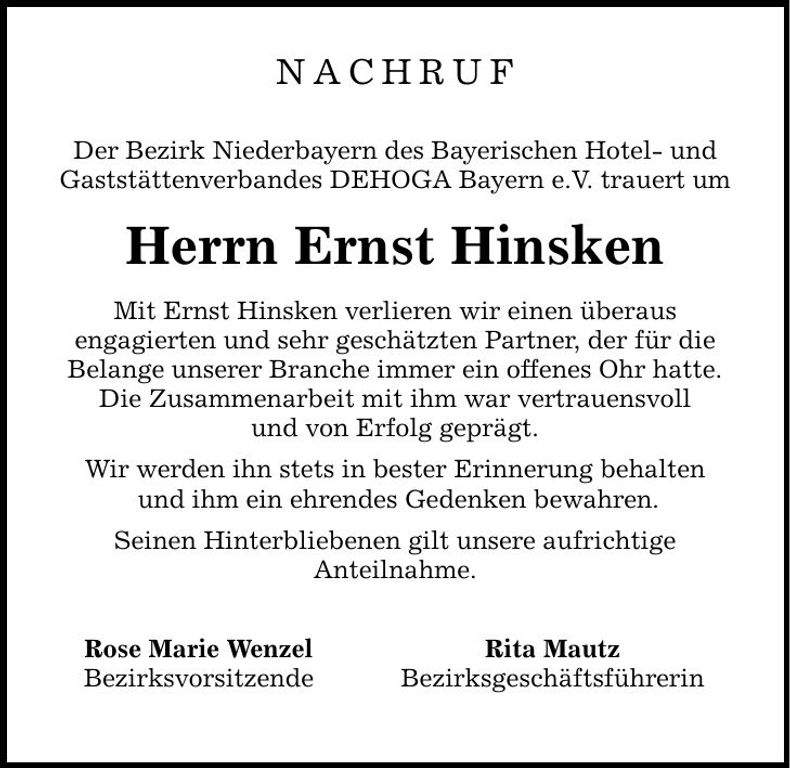 Traueranzeige Ernst Hinsken