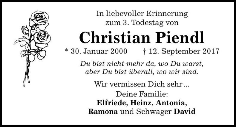 Traueranzeige Christian Piendl