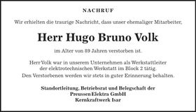 Traueranzeige Volk Hugo Bruno