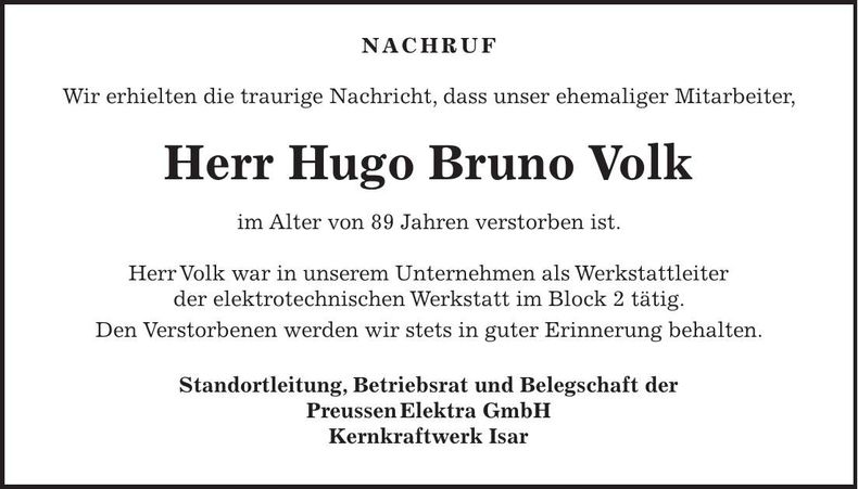 Traueranzeige Volk Hugo Bruno