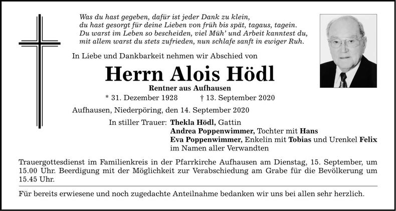 Traueranzeige Alois Hödl