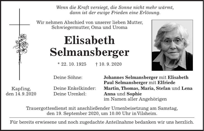 Traueranzeige Elisabeth Selmansberger