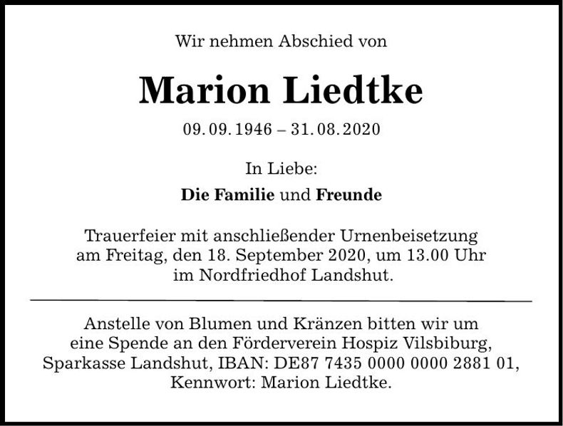 Traueranzeige Marion Liedtke
