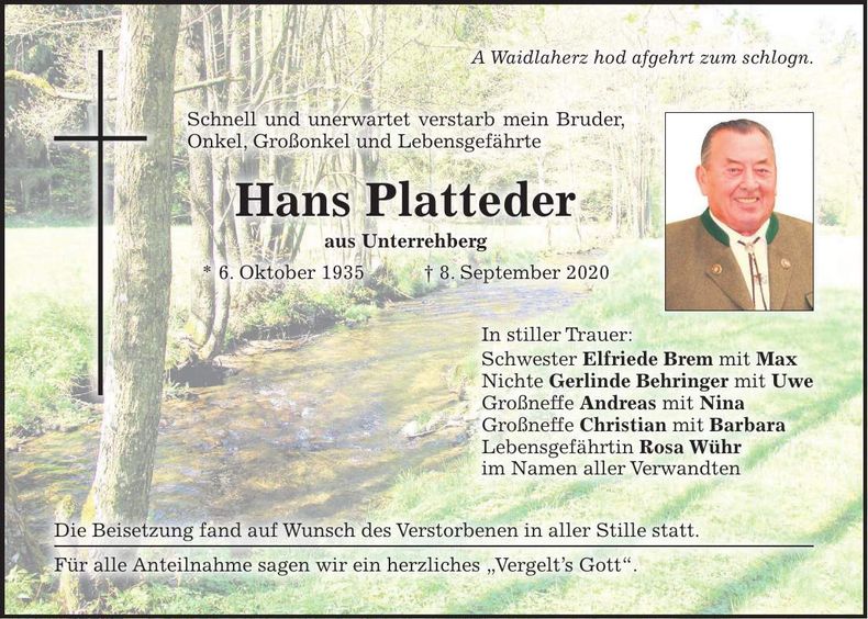 Traueranzeige Hans Platteder