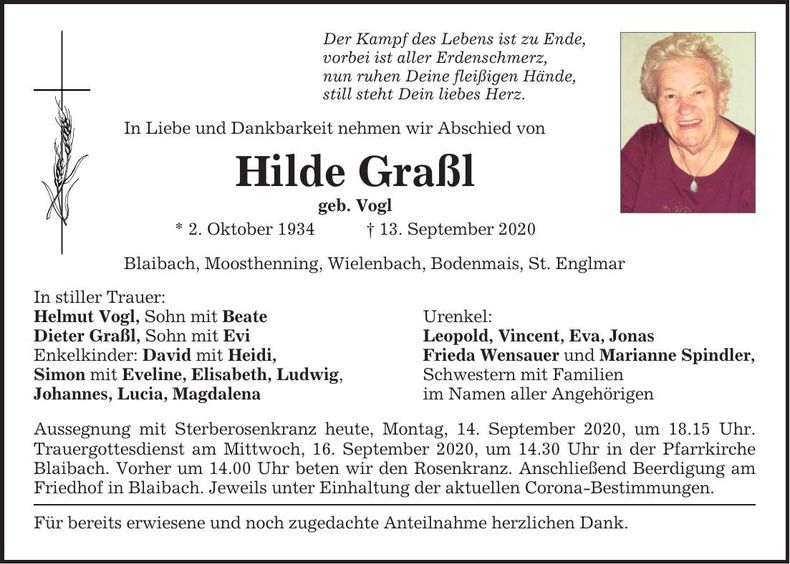 Traueranzeige Hilde Graßl