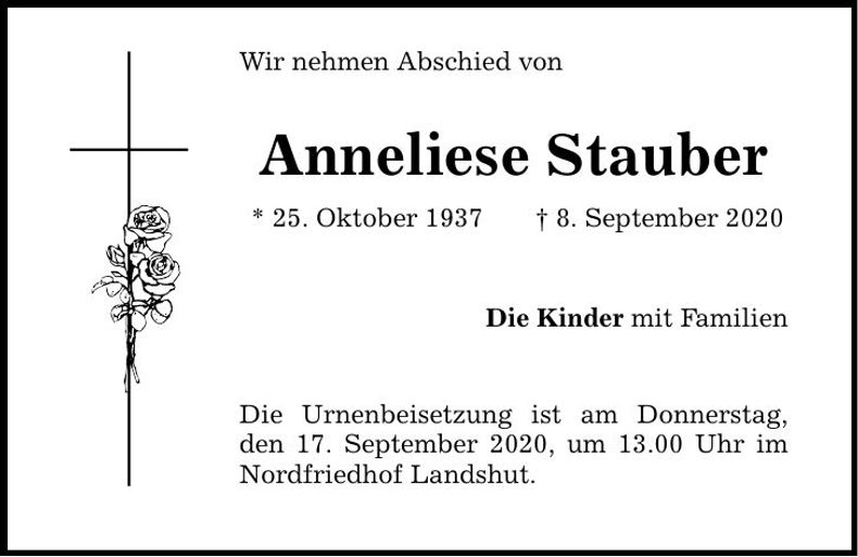 Traueranzeige Anneliese Stauber