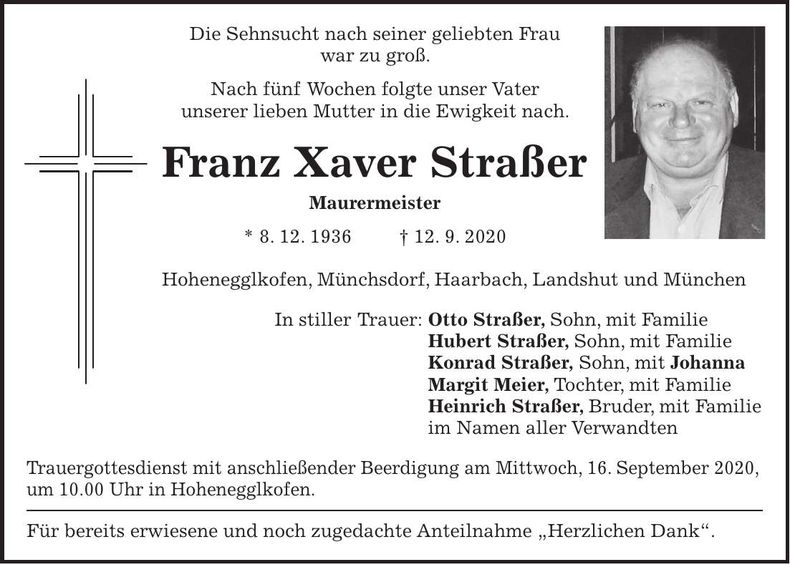 Traueranzeige Franz Xaver Straßer