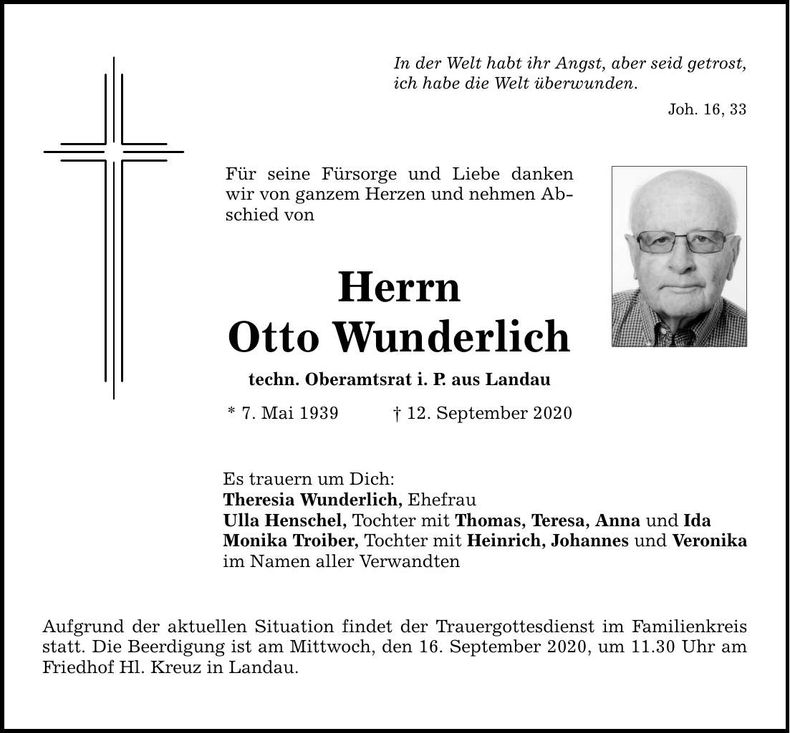 Traueranzeige Otto Wunderlich