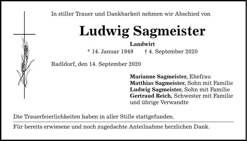 Traueranzeige Ludwig Sagmeister