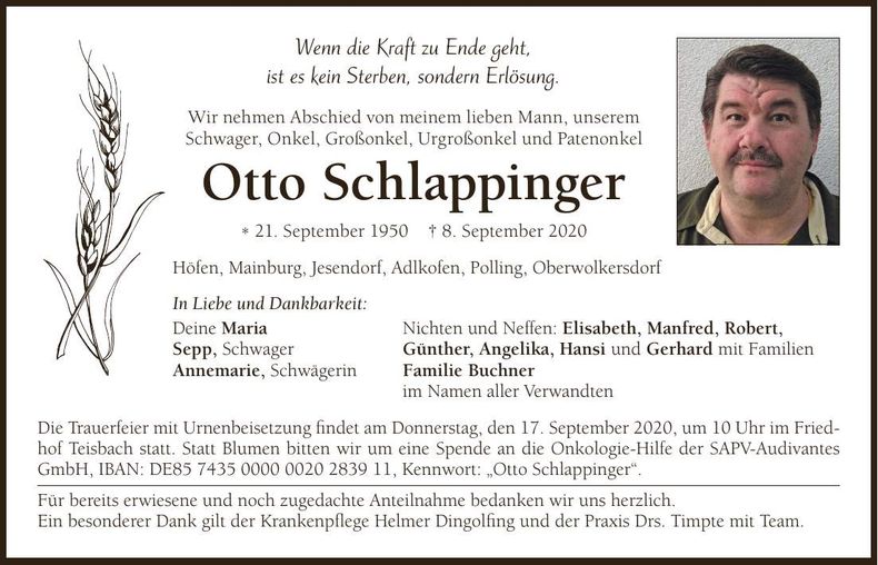 Traueranzeige Otto Schlappinger