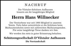 Traueranzeige Hans Willnecker