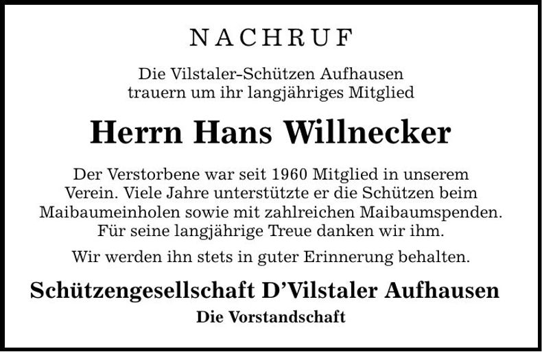 Traueranzeige Hans Willnecker